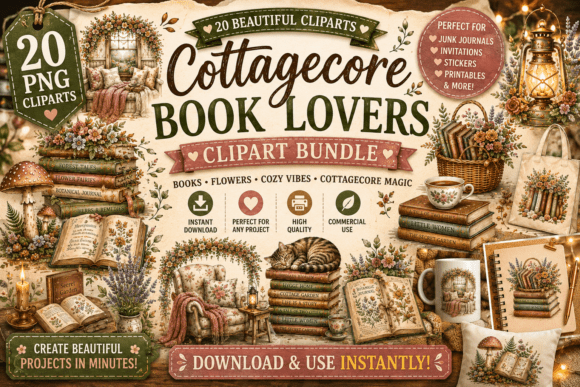 Download Cottagecore Book Lovers Clipart Bundle - Love Collection